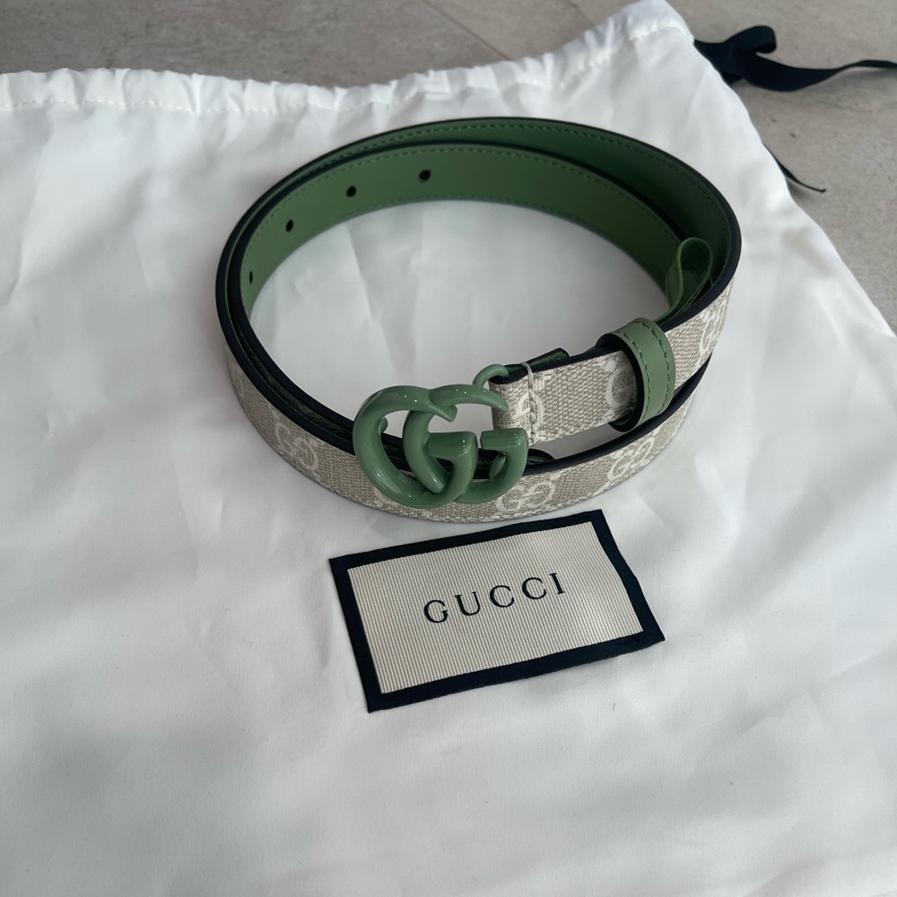 NEW NWT Gucci Belt Unisex Marmont Slim Belt Size 70 Leather Green Brown Beige S